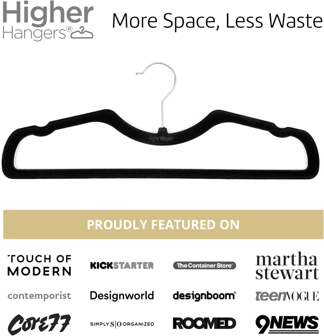 Black Velvet Slim Non-Slip Short Neck Vertical-Space-Saving Hangers by Higher Hangers