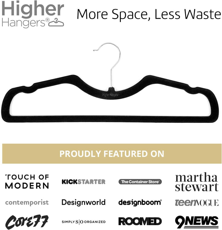 Black Velvet Slim Non-Slip Short Neck Vertical-Space-Saving Hangers by Higher Hangers